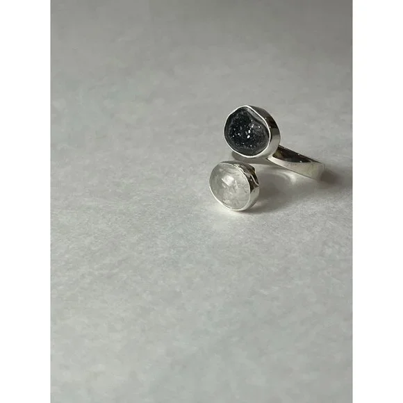 Geode & Clear Quartz Ring 925 Sterling Silver, Size 7 Adjustable - Picture 13 of 15